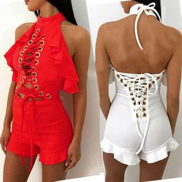Women's Jumpsuits & Rompers DAYIFUN Women Night Club Sexy Halter Jumpsuit Lace Up Hollow Backless Playsuits Sleeveless Ruffle