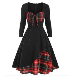 New Women's Spring New Women's Contrast Plaid Splice Double breasted Long Sleeve Slim Fit Dress