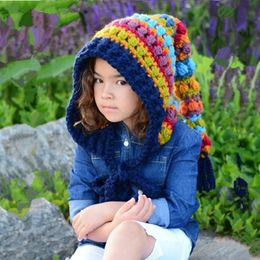 Beanie/Skull Caps Children's crochet rainbow long tail hat wizard elf knitted wool warm hat men and women thickened winter long braided hat 231102