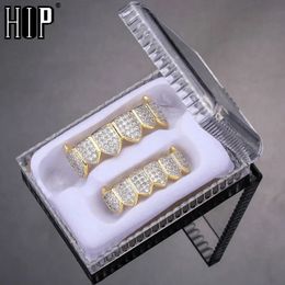 Dental Grills Hip Hop Iced Out Teeth Caps Cubic Zircon Micro Pave Top Bottom Charm Set For Men Women Jewellery Box Pack Gift 231101