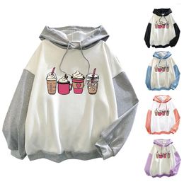 Women's Hoodies Round Neck Milk Cup Print Casual Color Block Long Sleeve Top Hooded Sweatshirt Womens Over Sized Hoodie