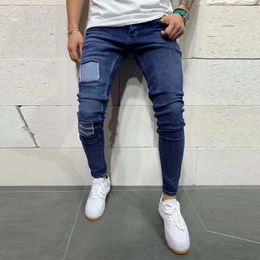 Men's Jeans Casual Personality Slim Fit Denim Pants Hole Patch Small Feet Skinny Male Trousers Stylish Streetwear