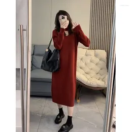 Casual Dresses Women Knitted Dress Winter Clothes Elegant Chic Long Sleeve Losse Sweater Fashion Hollow Out Solid R125