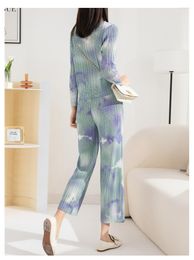 Women's Two Piece Pants SELLING Miyake Fold The Clothes Suit Long Sleeve Zipper Coat Straight Ink And Wash Painting IN STOCK