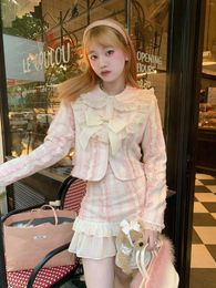 Work Dresses French Fashion Suits Women Pink Sweet Girl Bow Long Sleeve Burr Short Coat High Waist Skirt Two-piece Sets J255