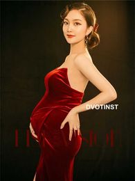 Maternity Dresses Dvotinst Women Photography Props Red V-neck Backless Maternity Dresses Elegant Pregnancy Split Dress Photoshoot Clothes Q231102