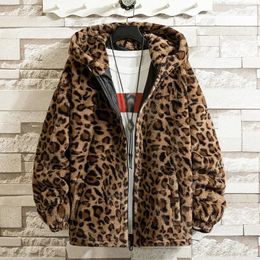 Men's Fur Winter Autumn Men Leopard Warm Zip Up Faux Fleece Hoodie Jacket Hooded Outerwear Coat Overcoat