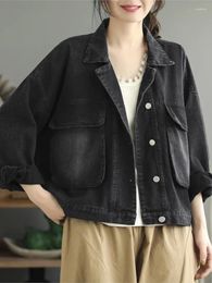 Women's Jackets Retro Women Bleached Denim 2023 Autumn Winter Casual Turn-down Collar Button Loose Tops Coats Big Pockets