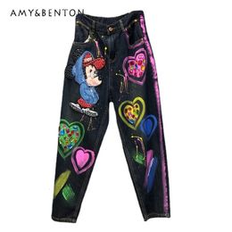 Men's Jeans Denim Overalls For Women Autumn Personalised Cartoon Graffiti Beaded Elastic Waist Straight Pants Trousers Baggy Jeans 231101