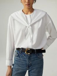 Women's Blouses Women 2023 Sailor Collar Tie Contrast Topstitching Blouse Long Sleeve Top Concealed Button Up Loose Casual White Shirt