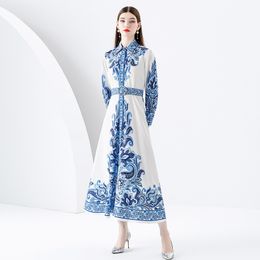 Vintage Paisley Floral Women Maxi Dress Designer White Lapel Button Classic Casual Boho Shirt Dresses with Belt 2023 Spring Autumn Vacation Runway Slim Party Frocks