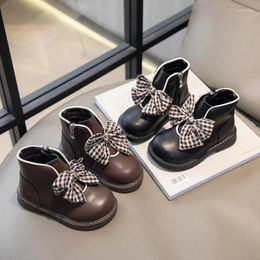 Boots Girl's Winter Black Brown Bowknot Light Warm Children Short Boot 23-32 Zipper Round Toe Stylish All-mtach Kids Flat