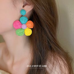 Colorful Woven Cord Flower Earrings Summer Youth Style Ear Pendant Fashion Versatile Girls Stud Earrings Cute Women Gift Boutique Earrings