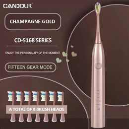 Toothbrush CANDOUR CD-5168 Sonic Electric Toothbrush Rechargeable Toothbrush IPX8 Waterproof 15 Mode USB Charger Replacement Heads Set 231102