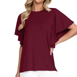 Women's T Shirts Womens Stretch Shirt Casual Top Tops Summer Short Ruffle Sleeves Tunic Sports Long Sleeve