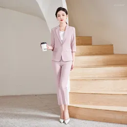 Women's Two Piece Pants Fashion Ladies Pink Blazer Women Business Suits 2 Pant And Jacket Set Work Wear Office Uniform Half Sleeve