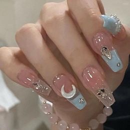 False Nails 24Pcs Sea Macaron Colour Clear Transparent With Drill Press On Long Coffin Fake Nail Star Moon Removable Acrylic