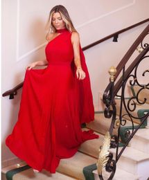 Elegant Long Red Chiffon Prom Dresses With Cape A-Line Pleats Floor Length Formal Party Evening Dress Robes de Soiree for Women