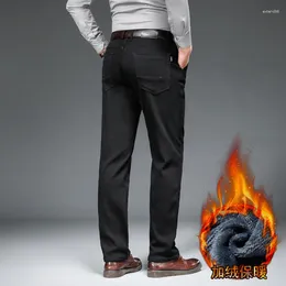 Men's Jeans Smoke Gray And Fleece Autumn Winter Thick Thermal Pants Loose Straight Leg Business Pure Black Long