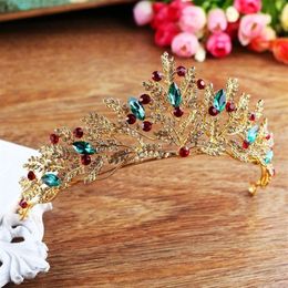 Vintage Gold Rhinestone Green Red Crystal Bridal Tiara Crown Handmade Noiva Diadem Headpiece Wedding Hair Jewellery Accessories JL T281K