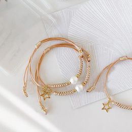 Strand 5 Pieces Khaki Colours Woven Bracelets Pearl Beads Bracelet Handmade Jewellery