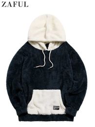 Men s Jackets Hoodie Colorblock Fluffy Sweatshirt Streetwear Hooded Fall Winter Warm Pullover Sweats with Kangaroo Pocket 231102