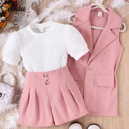 Clothing Sets Ceeniu 4-7Y Kids Blazer Girl's Lapel Coat Puffy Top Button Shorts 3pcs Children Summer Suit For Girls