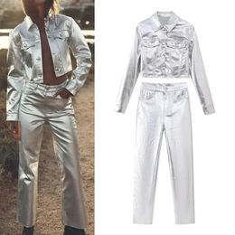 Women s Pants s TRAF Womens Metallic Straight Jeans Vintage High Waist Fit Sets Autumn Woman s Lapel Long Sleeve Crop Jackets Suits 231102