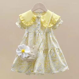 Girl Dresses Summer Arrival Girls Short Sleeve Turn-down Collar Flowers Bags Yellow Roupa Infantil Menina Cute Party Dress Custume 18M-6T