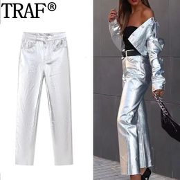 Women s Pants s TRAF Silver High Waist For Women Streetwear Glitter Straight Leg Trouser s Casual Autumn Woman 231102