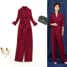 Women's Tracksuits Large Size Spring And Autumn High Quality Slim Waist Straps Wine Red Suit Wide Leg Pants Women Set SetWomen's