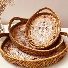 Kitchen Storage Handmade Woven Rattan Basket With Handle Fruit Cake Snack Coffee Plate Dinner Serving Tray Table Container Organiser