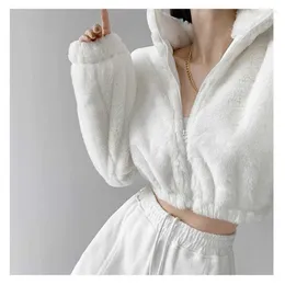 Women's Jackets Deeptown White Cropped Fleece Jacket Women Korean Fashion Streetwear Warm Winter Short Fluffy Coats Long Sleeve Y2k