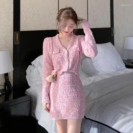 Work Dresses Knitted Suit Women's Autumn Short V-Neck Pink Cardigan Top Skirt Two-Piece Set Sweet Female