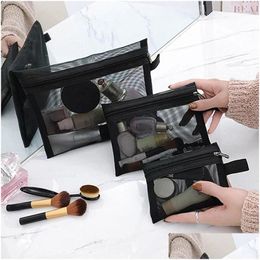 Storage Bags Storage Bags 1Pc Women Travel Black Mesh Cosmetic Bag Transparent Makeup Case Zipper Make Up Toiletry Wash Organiser Drop Dh3Nv