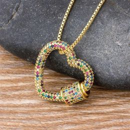 Classic Rainbow CZ Micro Carabiner Pave Lock Heart Shaped Copper Zirconia Clasp Necklace Jewellery Gift For Women Men3122