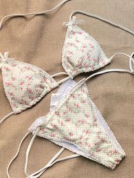 Women's Swimwear Miyouj Floral Print Bikini Set White Color Swimsuit Women Sexy Bikinis Micro Thong Bandage Beachwear Triangle Swimwear Biquini 230331