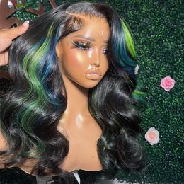 Blue Green Highlight black 13x4 Glueless Body Wave Coloured Human Hair Wigs Pre Plucked HD Synthetic Lace Frontal Wigs For Black Women