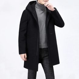 Men's Wool Blends Tops Autumn Winter Casual Black Hooded Woolen Coats Thick Warm Blend Overcoat Outwear Jacket Parkas Youth Windbreaker 231102