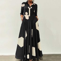 Ellafads Women Maxi Dress Casual Long Sleeve Geometric Print Lapel Nipped Waist With Pockets Elegant Party Dresses
