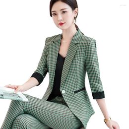 Women's Two Piece Pants Women Pant Suit 2023 Korean Casual Business Half Sleeve Slim Plaid Blazer Shorts Elegant Femme Trousers 2 Sets