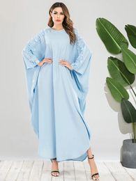 Ethnic Clothing Abaya For Women Sky Blue Bat Sleeves Lace Splice Square Robe Dress Muslim Dubai Arab Fashion Casual Female