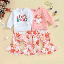 Clothing Sets Toddler Girl Fall Outfits Santa Flower/Letter Print Crew Neck Sweatshirts Flare Pants 2Pcs Christmas Clothes Set