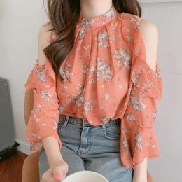 Women's Blouses Print Off-the-shoulder Long-sleeved Top Fashion Trumpet Sleeve Chiffon Shirt Ruffle Korean Version French Women Blouse