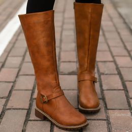 Boots Plus Size Knight Autumn Fashion Vintage Round Head Belt Buckle Thick Heel Hiking Knee High Botas De Mujer Largas 231101