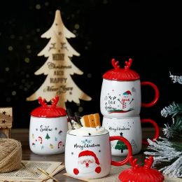 Christmas Mug Cute Girl Cartoon Christmas Ceramic Tea Cup Xmas Gifts Couple Mugs With Lid Spoon 1102