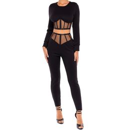 Women's Two Piece Pants Women Clothing Streetwear Black Mesh Transparent Sexy Long Sleeve Crop Tops & Casual Skinny Pieces SetWomen's Wo