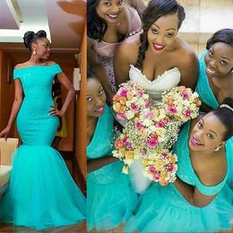 2023 Vintage African Mermaid Long Bridesmaid Dresses Off Should Turquoise Mint Tulle Lace Appliques Plus Size Maid of Honor Bridal Party Gowns