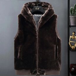 Men's Vests Sleeveless Jacket Men Hooded Warm Thermal Witnter Faux Fur Vest Male Plush Flannel Coat Fluffy Fleece Waistcoat Autumn 231101