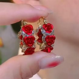 Stud Fashion Trend Unique Design Elegant Delicate Zircon Rose Flower Circle Earrings For Women Jewellery Wedding Party Premium Gifts 231101